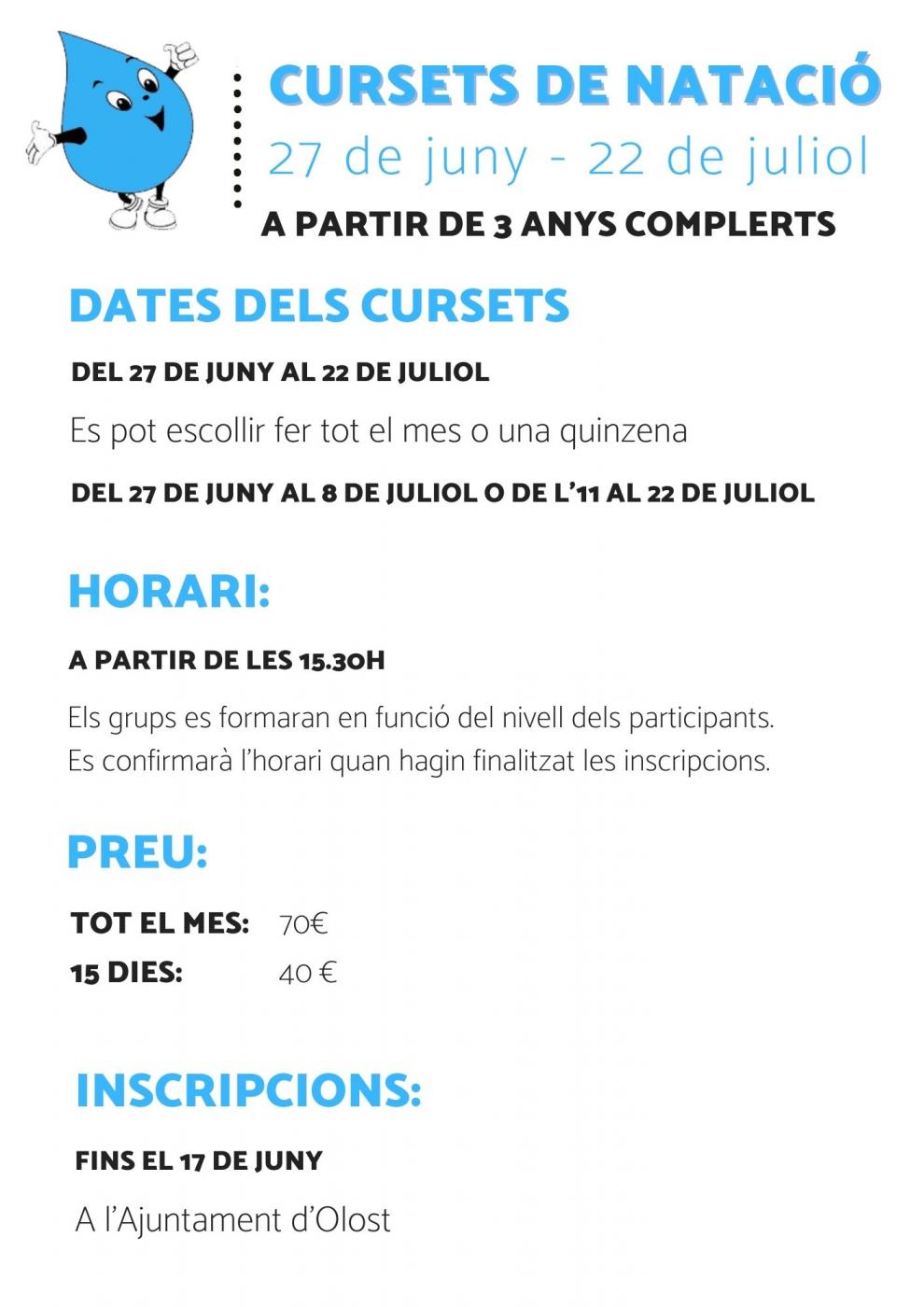 Cursos de Natació estiu 2022 per a infants a partir de 3 anys